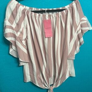 Luckymore Dark Coral and White Off-Shoulder Women's Waist Tie Flare Open Sleeve
